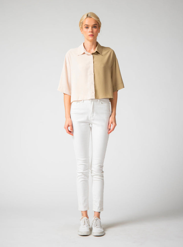 Vivien Colorblock Button Down Shirt Pale Avocado/Ecru