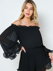 Sweet Demure Off The Shoulder Chiffon Romper Dress (Black)