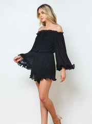 Sweet Demure Off The Shoulder Chiffon Romper Dress (Black)