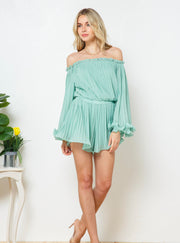 Sweet Demure Off The Shoulder Chiffon Romper Dress (Mint)