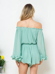 Sweet Demure Off The Shoulder Chiffon Romper Dress (Mint)