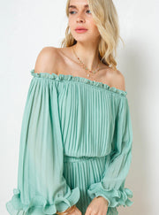 Sweet Demure Off The Shoulder Chiffon Romper Dress (Mint)